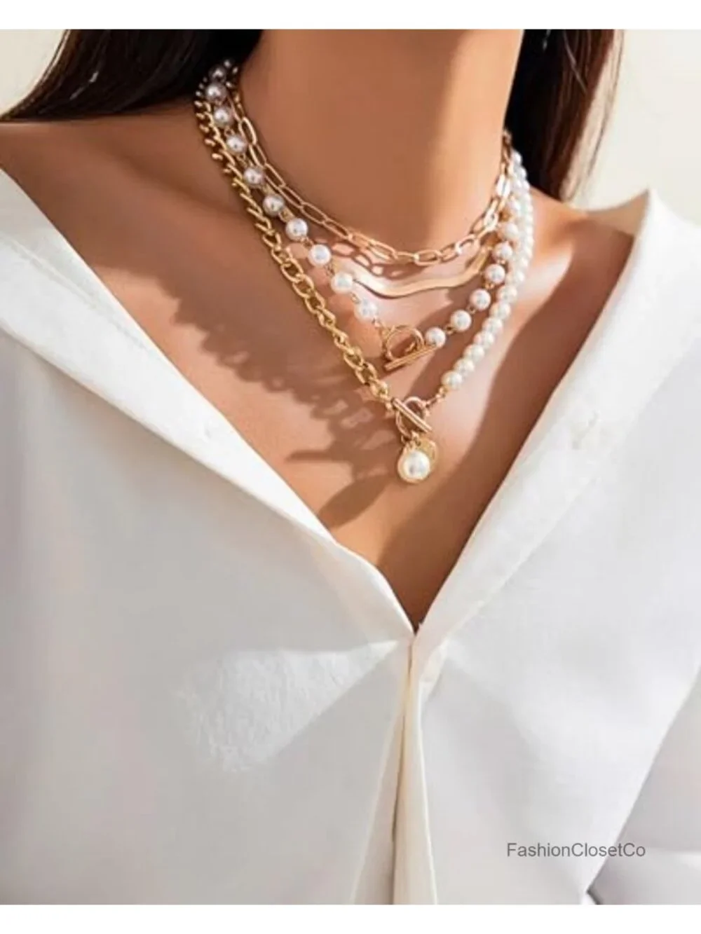 Chunky Layered Gold Necklace Set with Pearl, Paperclip, Herringbone, Toggle